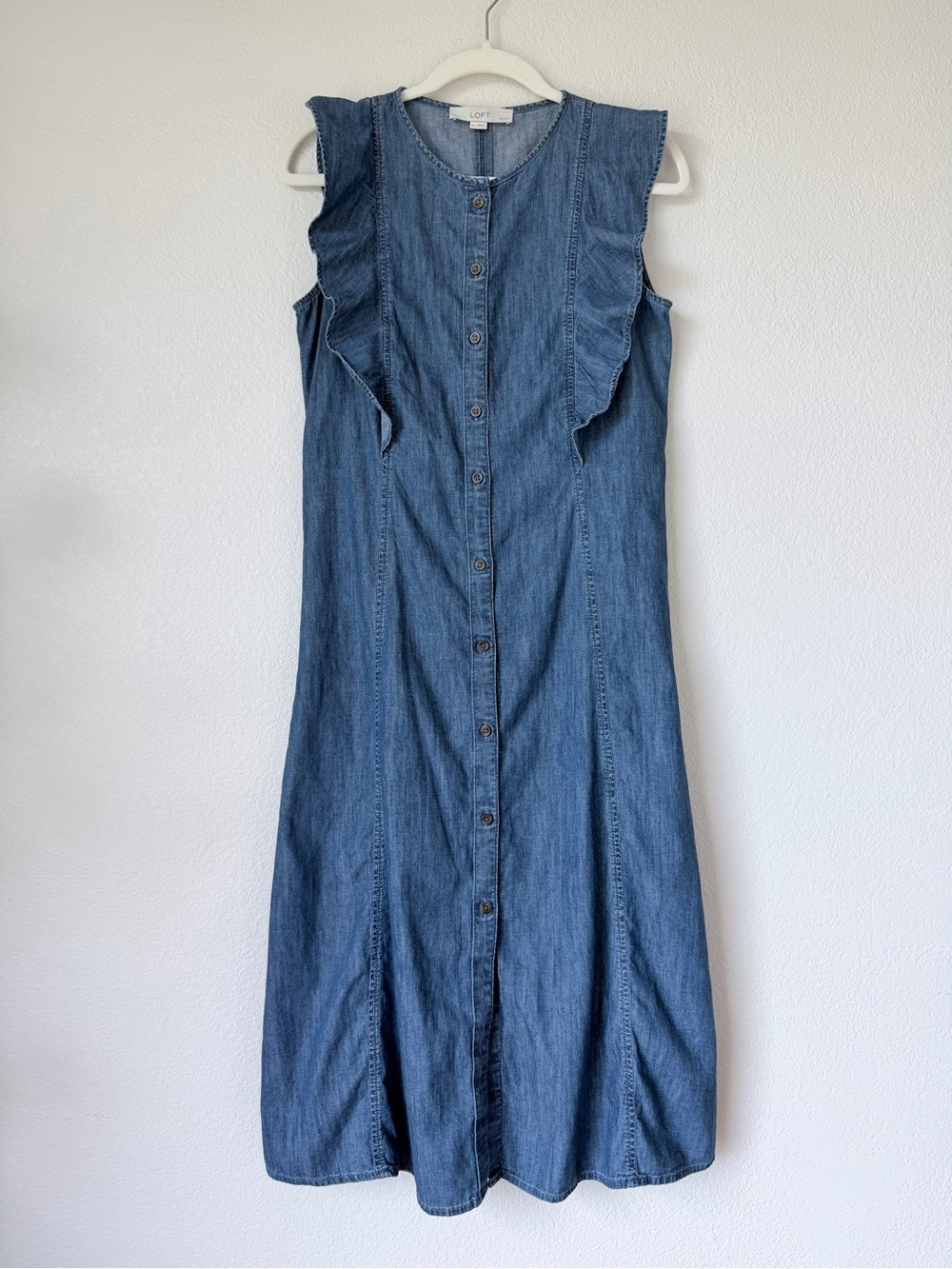 LOFT Denim Ruffle Sleeve Button Front Midi Dress 100% Cotton Size 6 Petite